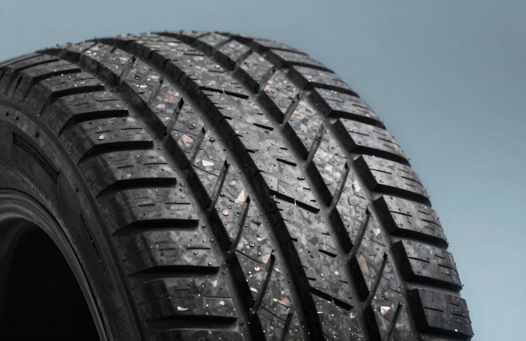 A detailed close-up of a new tire tread pattern, sharp focus, professional studio lighting with deep charcoal and light blue tones.