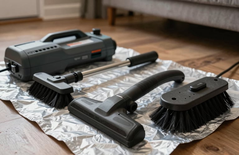 Close-up of professional heavy-duty chimney cleaning brushes and specialized vacuum equipment laid out neatly on a silver protective cloth inside a North American home.