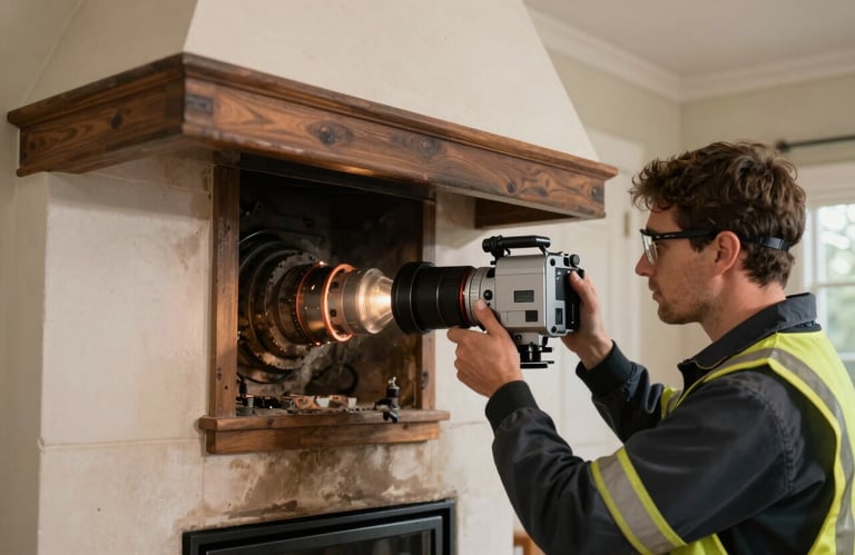 A technician using a high-tech chimney camera to inspect the interior flue of a fireplace, wearing professional safety gear, in a US residence.