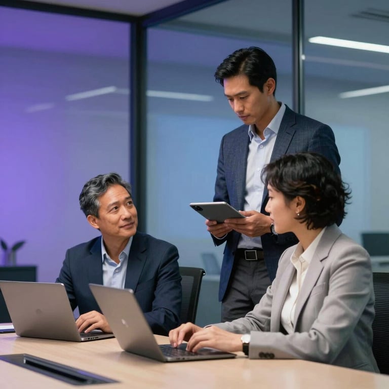 Two North American professionals in business-casual attire collaborating in a sleek, glass-walled conference room with blueviolet highlights.