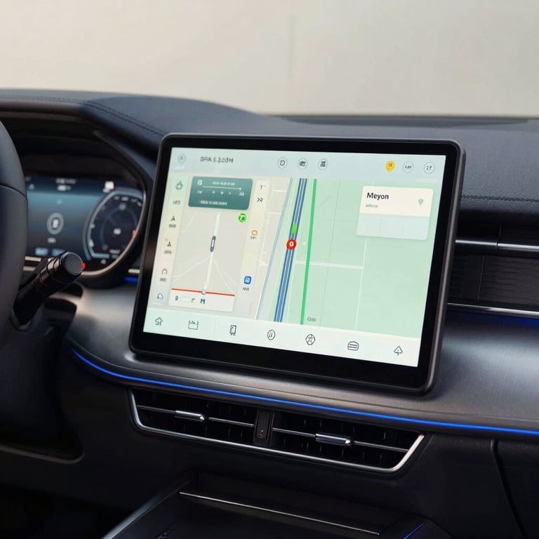 Close-up of a high-tech car dashboard displaying navigation and comfort controls. Modern and clean design with steel blue accents. South American / Brazilian context.