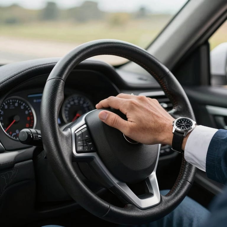 A professional driver's hand on a leather steering wheel, wearing a white cuff and a classic watch. Clean and sharp composition in a South American / Brazilian setting.