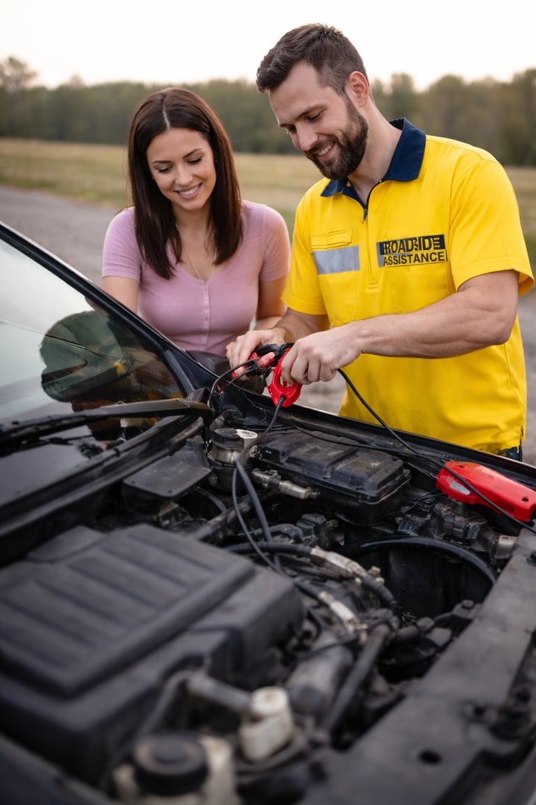 Roadside assistance technician using jumper cables to jump start a smiling woman's car battery.