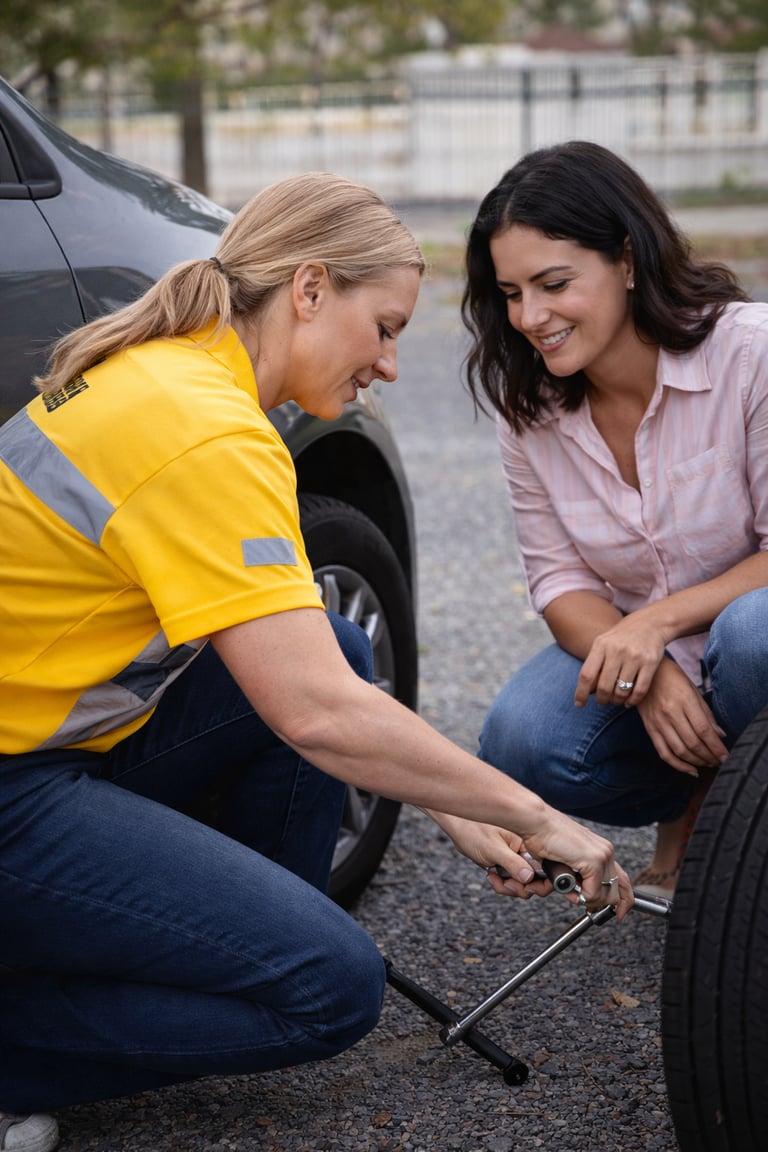 A roadside assistance technician in a yellow uniform helps a woman change a flat tire with a lug wrench.