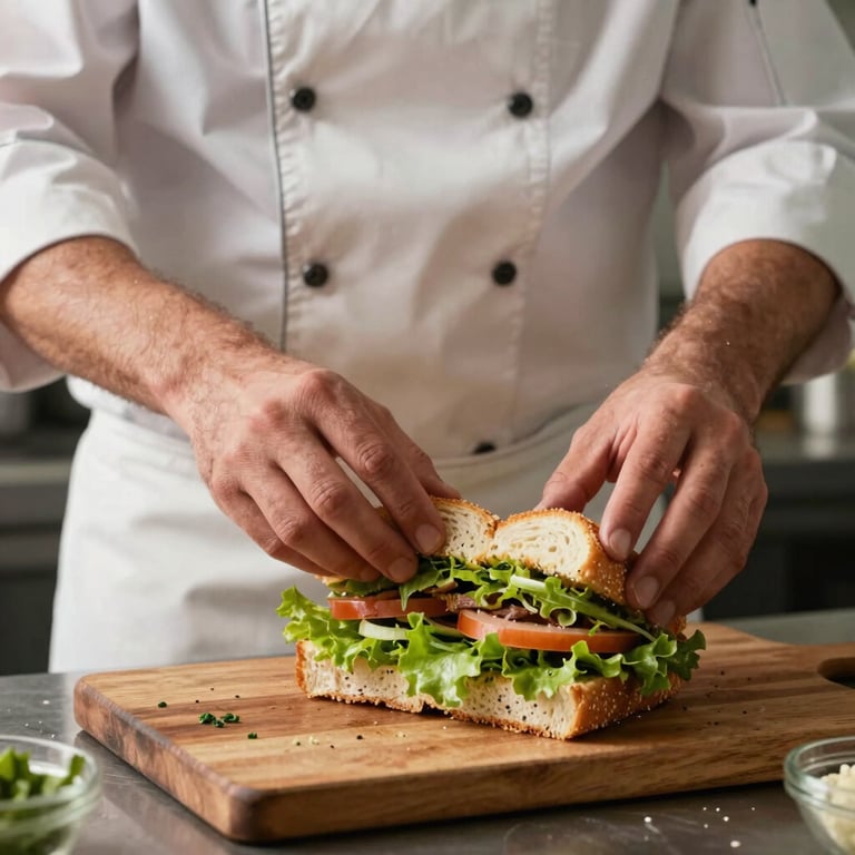 A chef's hands in a clean environment skillfully assembling a fresh gourmet sandwich with crisp green lettuce, South American / Brazilian setting, professional lighting.