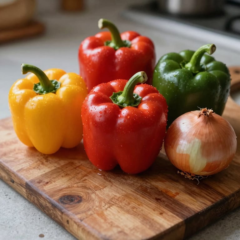 Detailed photography of fresh, colorful vegetables like bell peppers and onions on a rustic wooden cutting board, soft natural lighting, South American / Brazilian kitchen context.