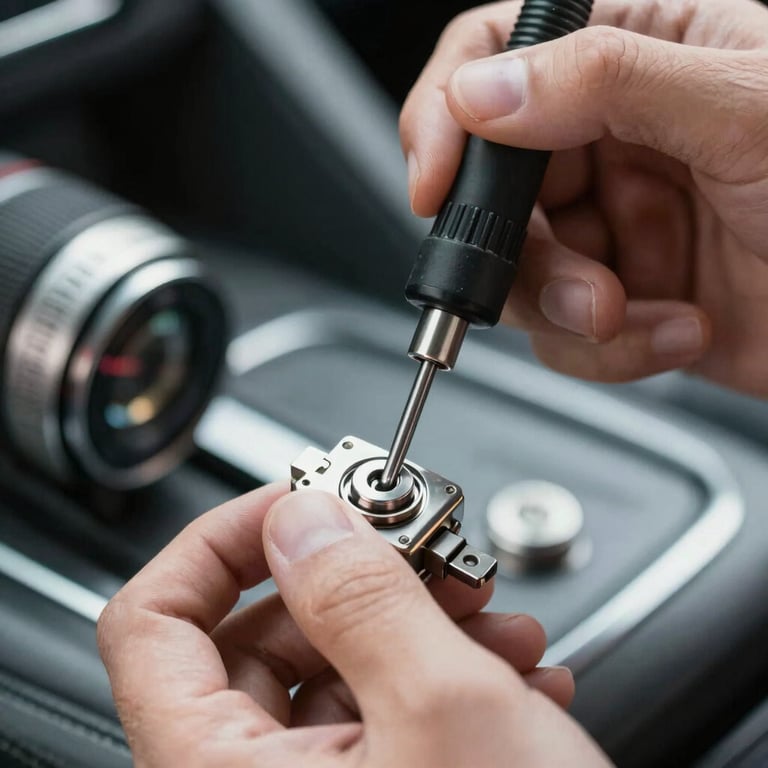A close-up shot of hands using a specialized tool to decode an automotive ignition lock, showing professional expertise and modern locksmithing technology.