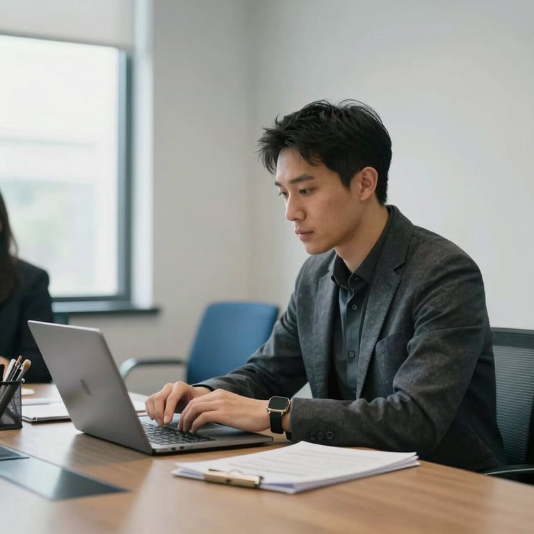 Photography of a focused one-on-one consulting session in a bright North American meeting room with Steel Blue accents and soft natural light.