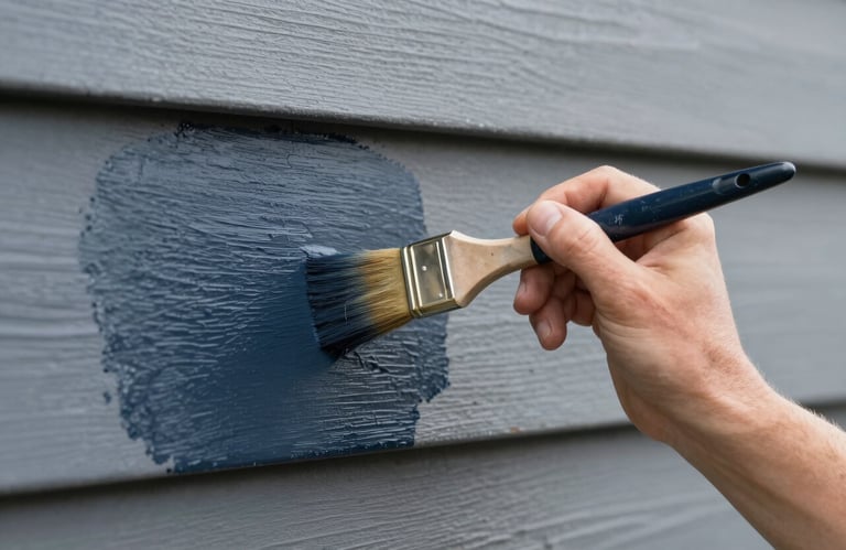 A detailed shot of a painter's hand using a high-quality brush to apply a dark navy (#0e1c2f) finish to an exterior siding plank. Professional and focused.
