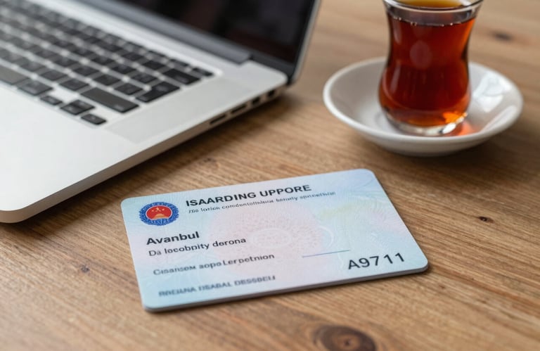 A professional desktop setup in an Istanbul office featuring a neatly placed residence permit card, a laptop, and a cup of Turkish tea, suggesting a friendly yet efficient work environment. Lighting is natural and warm.