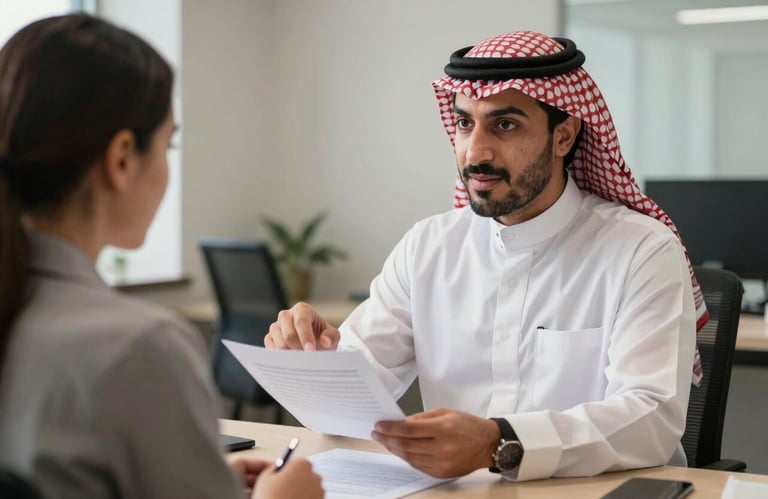 A Middle Eastern / Turkish consultant politely explaining a document to a client across a desk, conveying a supportive and helpful atmosphere. Professional office interior with soft lighting.
