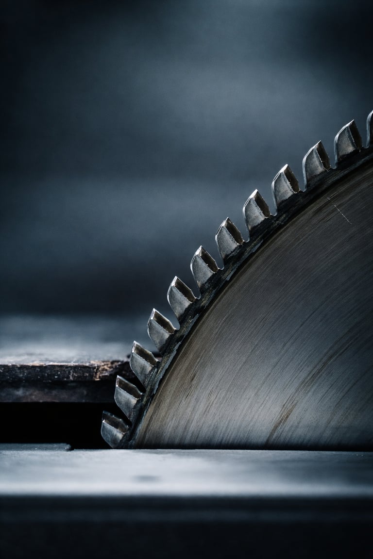 Close-up of a circular saw blade with detailed teeth and metal texture