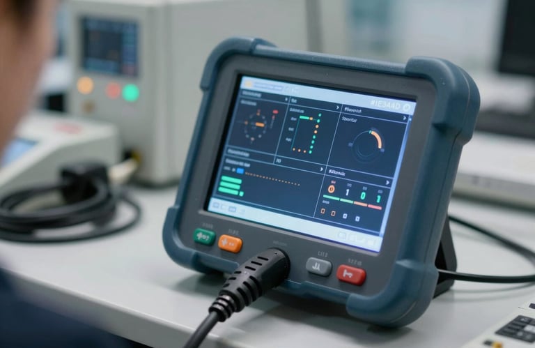 Close-up of a digital diagnostic tool connected to industrial equipment, displaying complex data, technical blue color palette #1E3A4D.