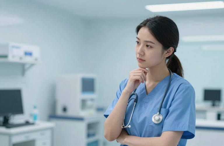 A medical professional in a clean, modern clinical setting, demonstrating compassion and expertise. Soft blue tones like #E6F0F4 create a serene feel.