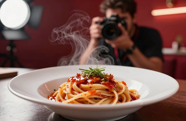 A photographer capturing a close-up shot of a steaming bowl of pasta in a professional studio setting. Sophisticated lighting, agency atmosphere, high-end feel, #9B2226 accents.
