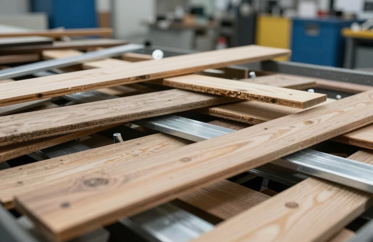 Close up of sorted recyclable materials like wood and metal in a clean facility, sharp focus, industrial North American / US - Bay Area, California style.