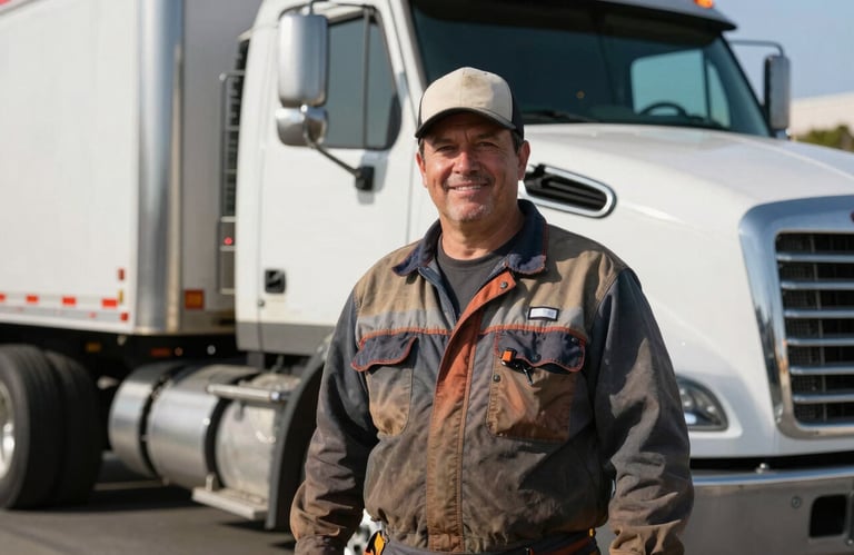 Portrait of a friendly hauling professional standing by a truck, North American / US - Bay Area, California setting, wearing professional work gear.