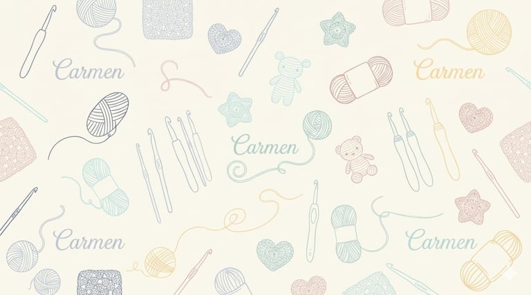 Fondo de marca ilustrado con patrón de ovillos de lana, agujas de crochet y el nombre Carmen en tonos pastel.