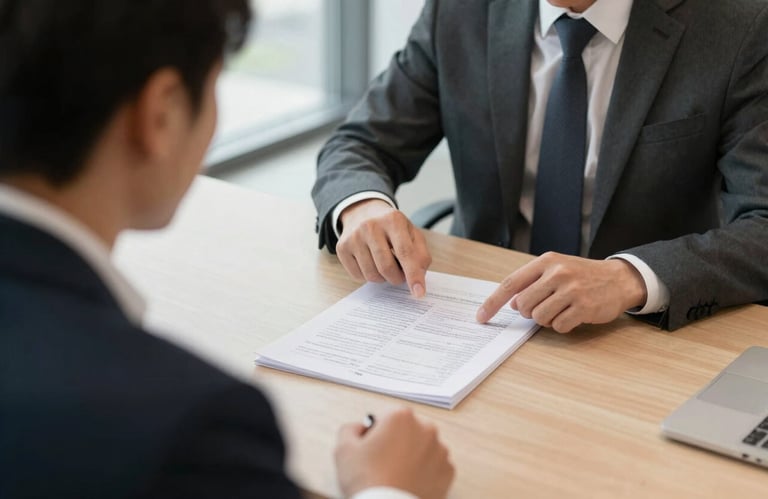 A professional in business attire pointing at a clear data sheet during a consultation in a bright North American conference room, emphasizing expertise and guidance.