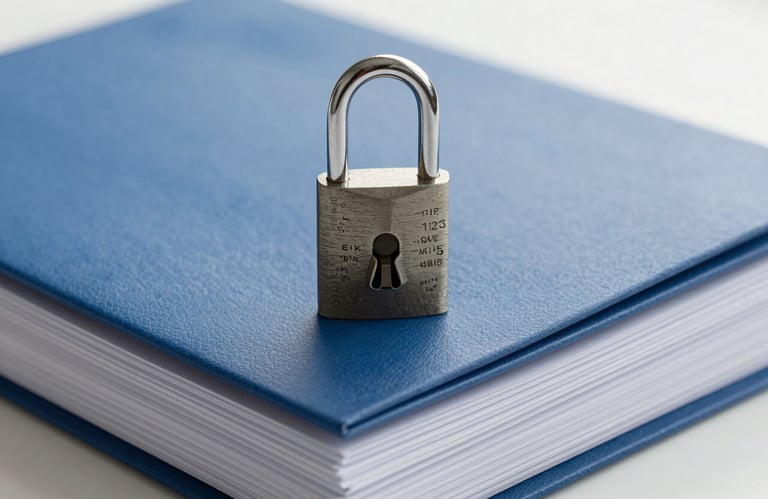 A close-up photography of a professional security lock sitting on top of a stack of legal corporate folders, blue and silver color palette, clean business aesthetic.