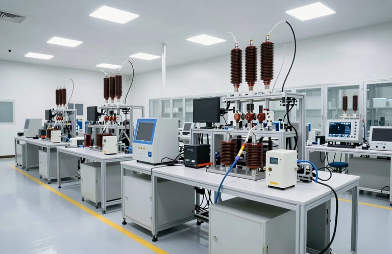 A wide photography of a modern, bright industrial testing facility for high-voltage energy systems, clean environment, professional atmosphere, Spanish / Global.