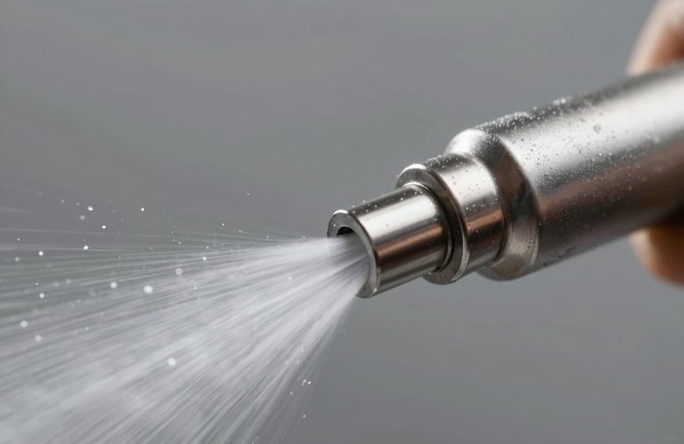 Macro shot of industrial foam nozzle with water and foam mixture beginning to spray, high-speed photography, sharp focus, metallic finish.