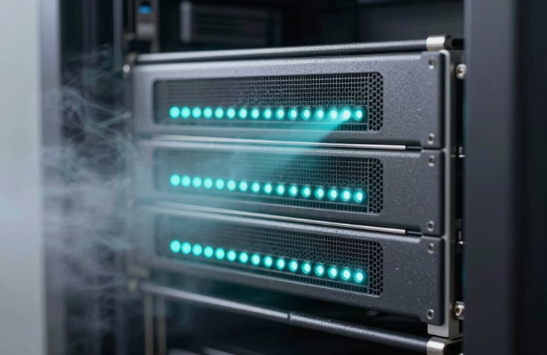 A macro shot of a server rack with soft mist grey and deep teal LED lighting, representing technical stability and high-performance mobile infrastructure.