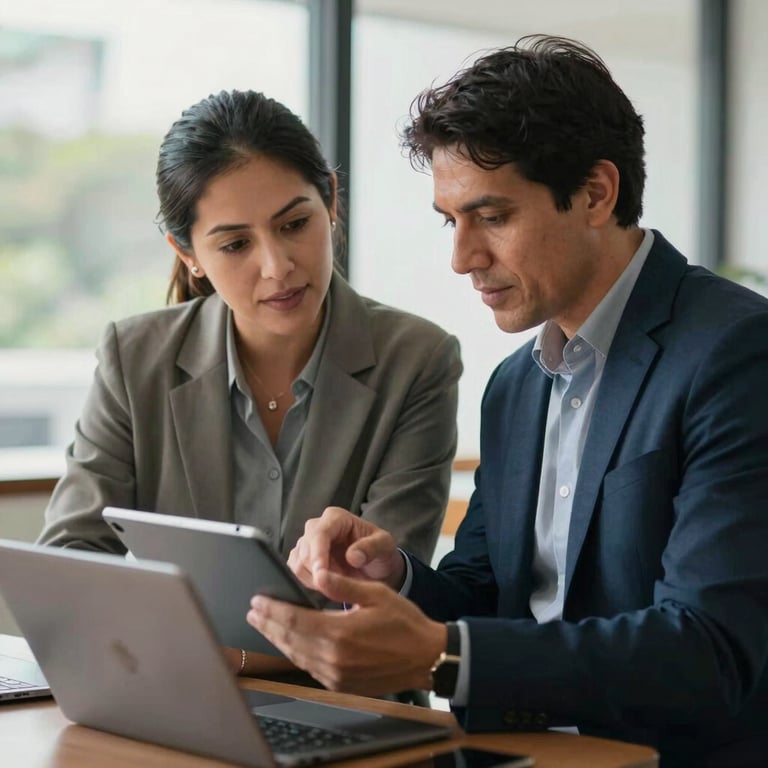 Two professional colleagues in a South American office environment discussing data on a digital tablet. They are wearing business casual clothing, and the interaction is friendly yet professional. Soft natural light from a window.