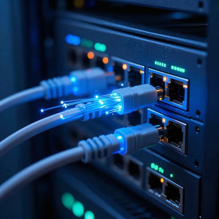 A macro shot of glowing blue fiber optic cables and high-speed network status lights in a modern data center in Brazil. The lighting is deep blue and tech-oriented, representing reliability and advanced infrastructure.