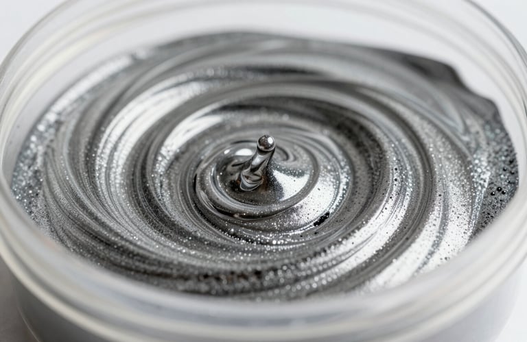 Macro shot of liquid epoxy resin being mixed with metallic pigments, showing swirls of silver and charcoal gray in a clean container, illustrating the sophisticated materials used.