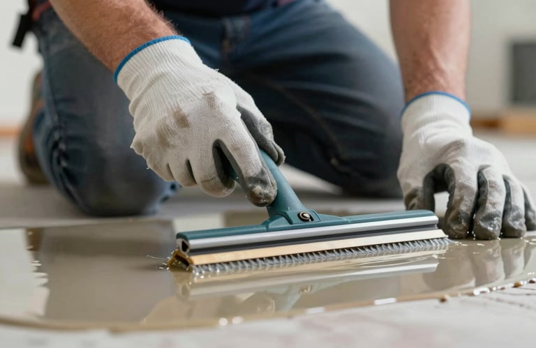 A close-up action shot of a professional installer's gloved hands using a precision squeegee to spread smooth, liquid epoxy resin across a floor. The focus is on the craftsmanship and material quality.