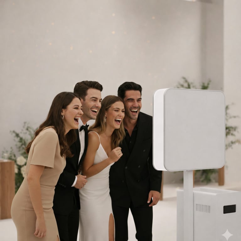 Friends in formal attire laughing while taking photos at a modern white photo booth station during a wedding reception.