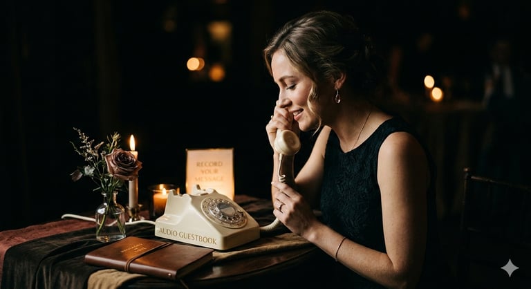 Smiling woman recording a message on a vintage rotary phone audio guestbook at a wedding reception.