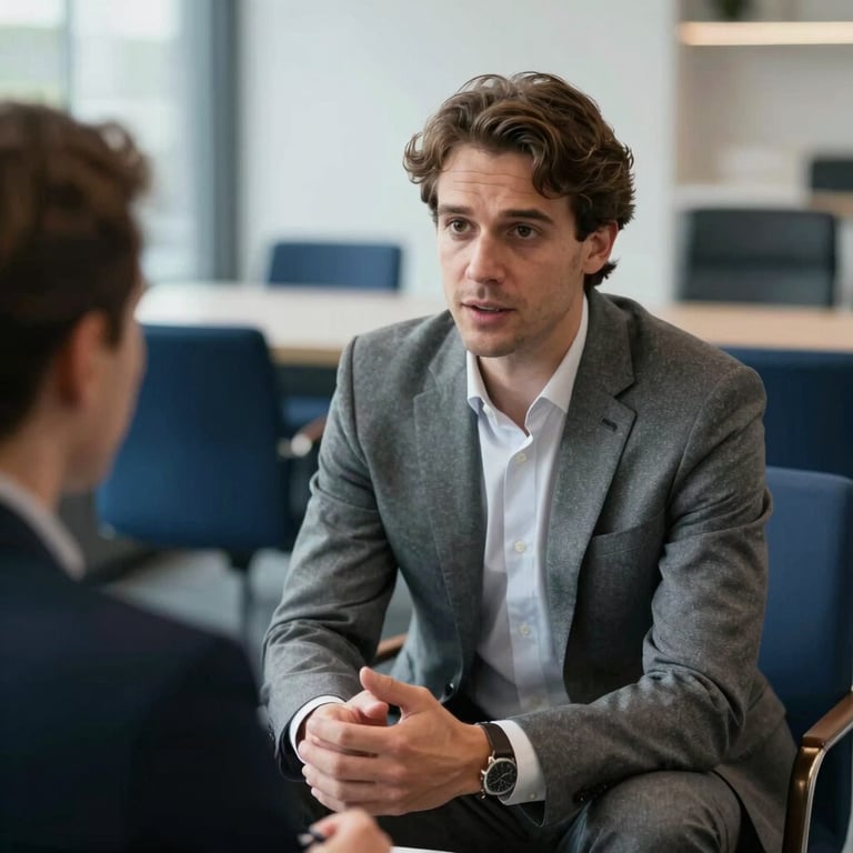 A portrait of a professional European consultant in a modern grey suit, discussing with a client in a bright office with dark blue furniture.