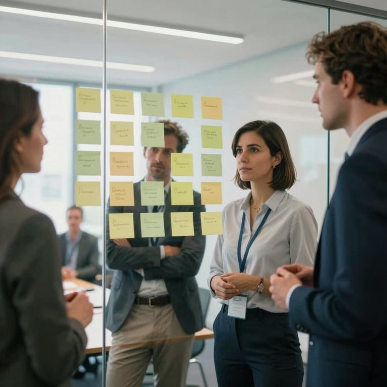 A group of professionals in a bright, modern French conference room, brainstorming with sticky notes on a glass wall during a session.