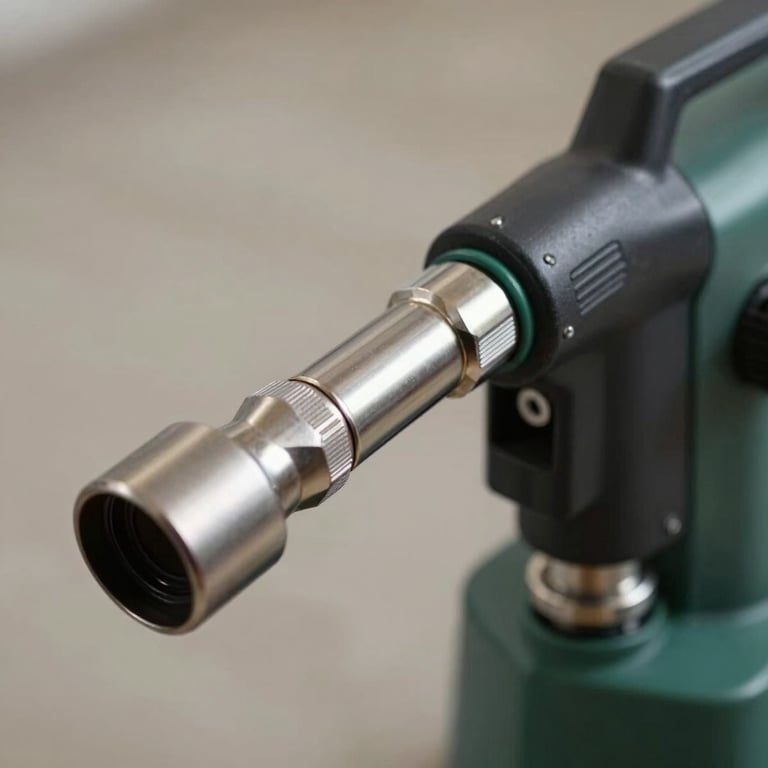 Close-up detail of professional cleaning equipment, featuring a high-pressure nozzle and stainless steel fittings with subtle charcoal and green accents.