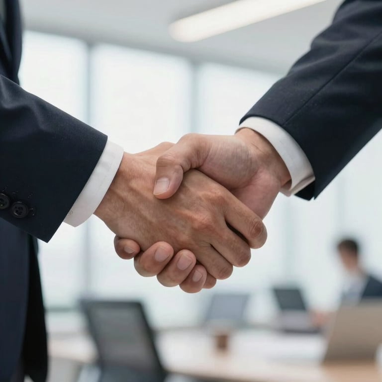 A close-up photograph of a professional handshake between two business partners in a bright North American office setting, symbolizing trust, reliability, and long-term partnership.