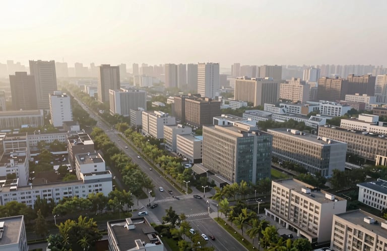 A panoramic, high-angle view of a serene and orderly city district at sunrise. The composition shows clean streets and green boulevards, emphasizing urban planning and well-being. Shades of #A3B18A and #F2F4F3 dominate the image, suggesting a vision of progress.