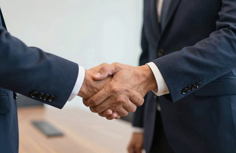Close-up of two professionals in formal attire shaking hands in a bright boardroom. Warm and trustworthy atmosphere, South American context, navy blue and silver grey accents.