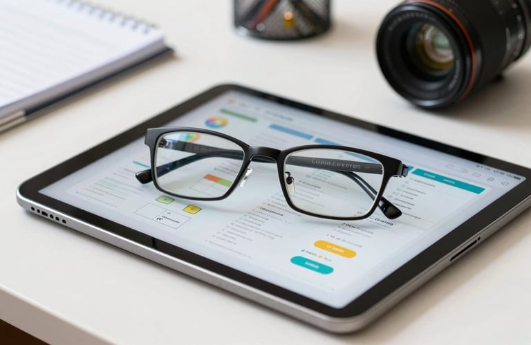A pair of glasses resting on a digital tablet displaying educational charts, clean white desk, South American workspace, bright lighting.