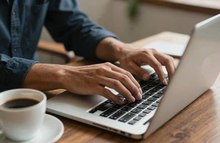 South American professional hands typing on a laptop with a cup of Brazilian coffee nearby, cozy and productive home office scene.