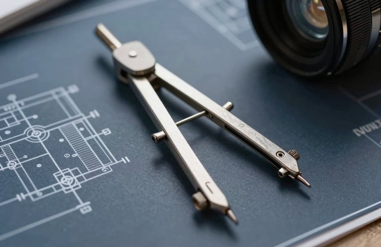 Close-up macro photography of technical architectural blueprints on a table. A silver metal compass rests on the paper. Sharp lighting emphasizing professional detail. Palette of dark blue grey.