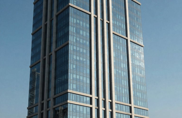 A minimalist photography of a modern high-rise building with glass facade reflecting a clear blue sky in a Middle Eastern / Gulf metropolis, emphasizing efficiency and modern architecture.