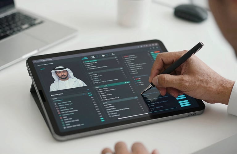 A close-up photograph of a professional's hand using a high-tech tablet showing data visualizations in a clean, minimalist office setting in the Middle Eastern / Gulf region.