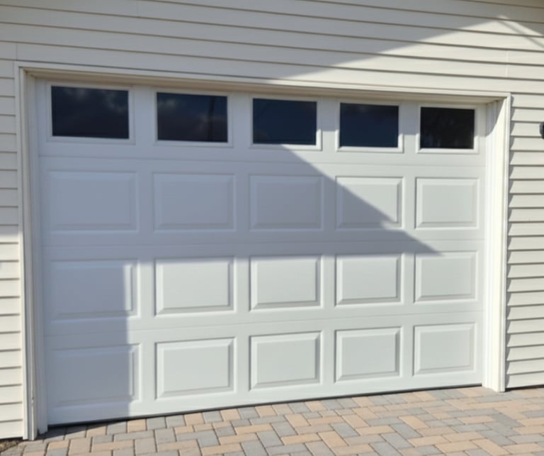 White raised panel sectional garage door with windows on a residential home.