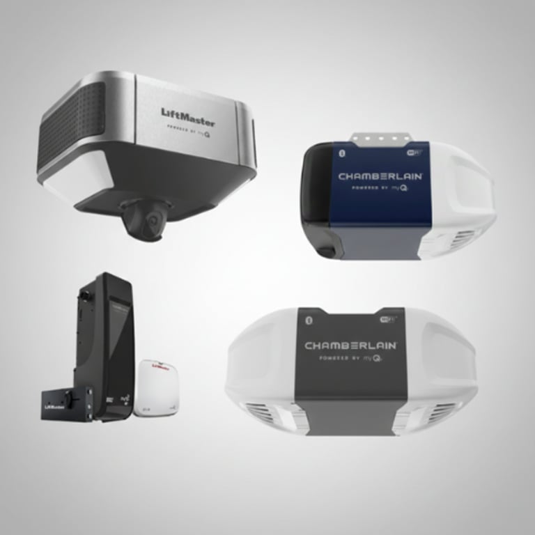 A collection of smart LiftMaster and Chamberlain garage door openers featuring MyQ technology.