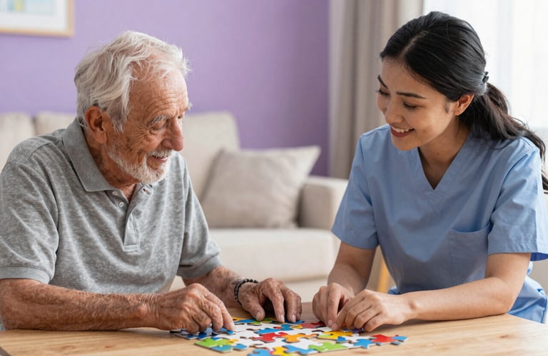A smiling caregiver assisting a senior with a puzzle in a brightly lit North American / US home environment, warm purple tones in the background.