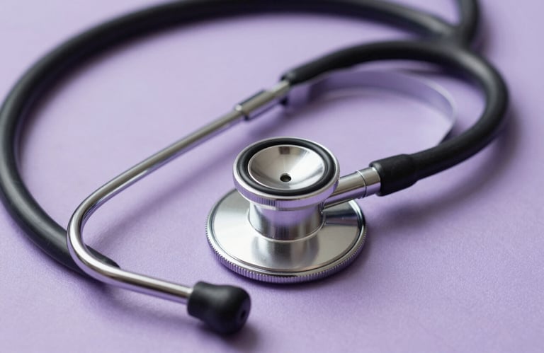 Close-up of a professional stethoscope resting on a soft lavender fabric surface in a North American / US clinical setting, gentle lighting.