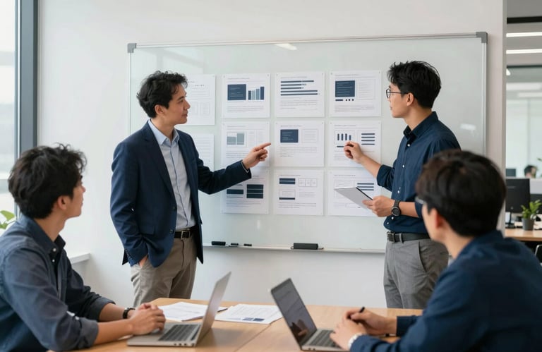 A collaborative meeting in a modern US tech office. Professionals are looking at a whiteboard filled with wireframes. The composition is clean and focused on user-centric design discussions, with navy blue accents.