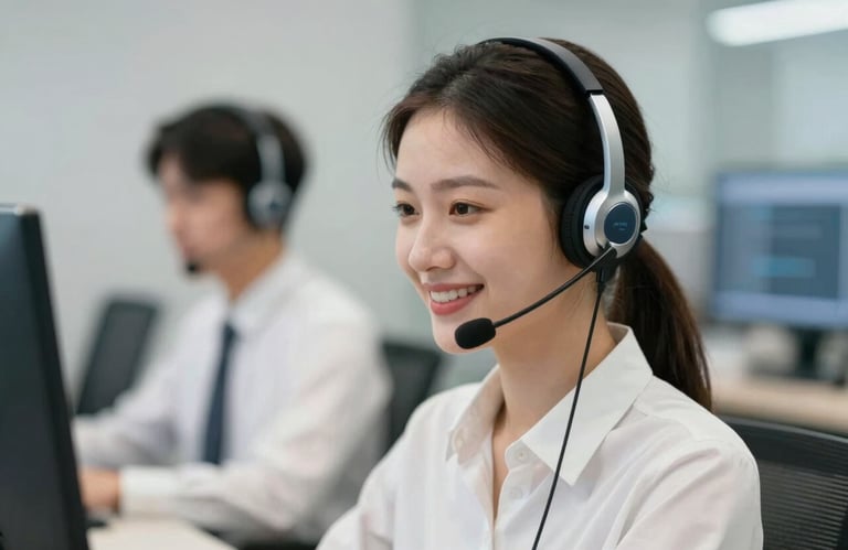 A professional customer service representative wearing a sleek modern headset, smiling, with a blurred tech background.